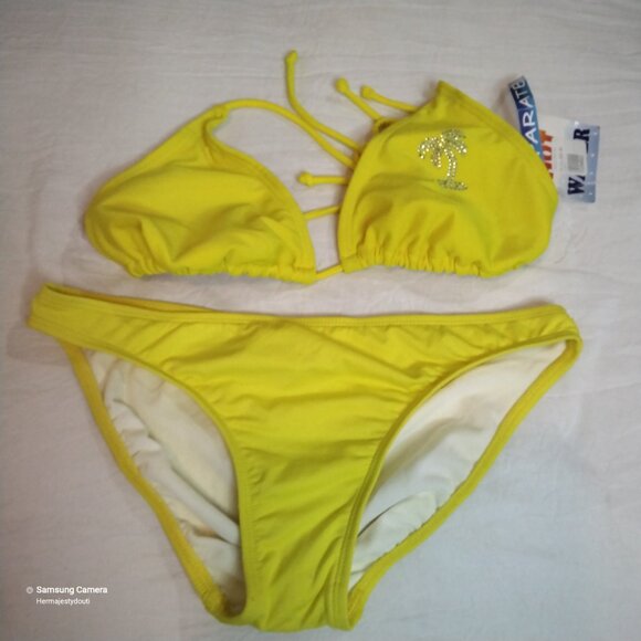Rampage Swim Yellow String Bikini Set Left Silver Rhinestone Palm Tree NWT L - Picture 3 of 5